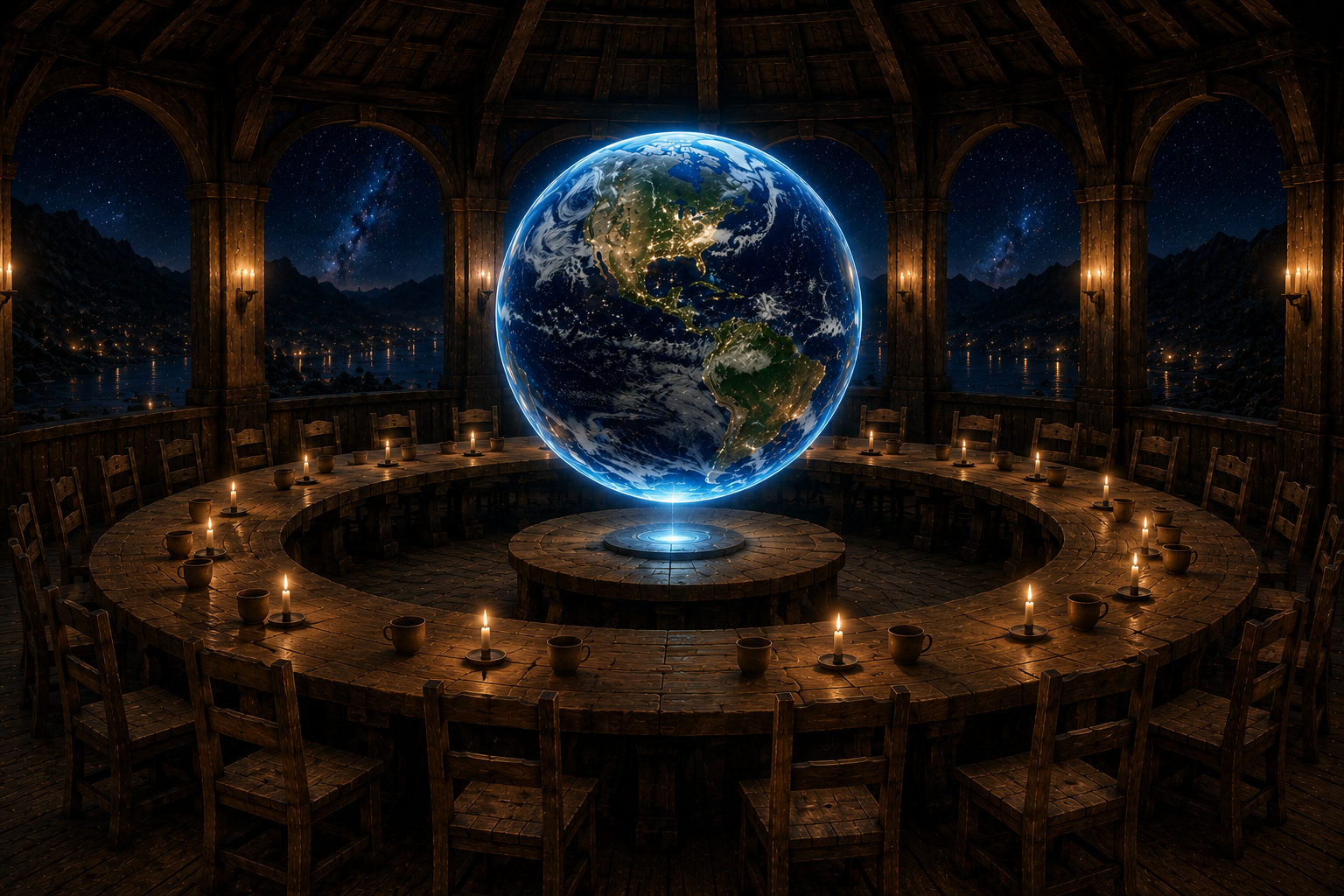 The Planetary Roundtable with the glowing Earth orb
